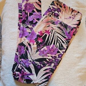 Black Floral Tropical Leggings with Purple and Cream Print